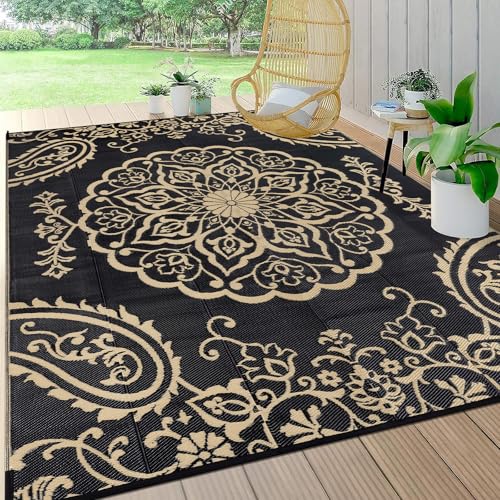 Pauwer Waterproof Outdoor Rug 8x10, Reversible Plastic Straw Patio Camping Rug, Indoor Outdoor RV Mat Carpet for Deck, Camper, Porch, Balcony, Backyard, Picnic, Boho Black Brown - color: Boho Black Brown, size: 8' x 10' (Rectangular)