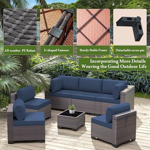 9 Pieces Outdoor Sectional Furniture All Weather PE Rattan Wicker Patio Conversation Set with Coffee Table and 8 Thickened Cushions,Navy Blue - color: Navy Blue, size: 9 Sofa Set