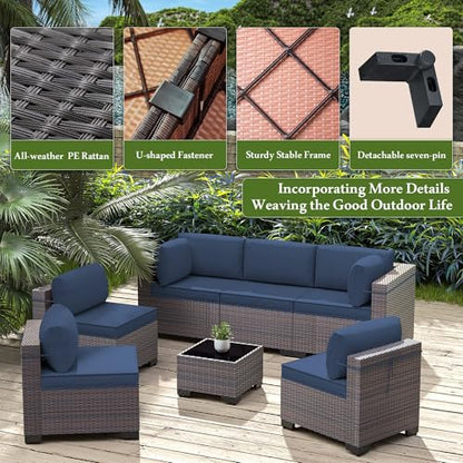 9 Pieces Outdoor Sectional Furniture All Weather PE Rattan Wicker Patio Conversation Set with Coffee Table and 8 Thickened Cushions,Navy Blue - color: Navy Blue, size: 9 Sofa Set