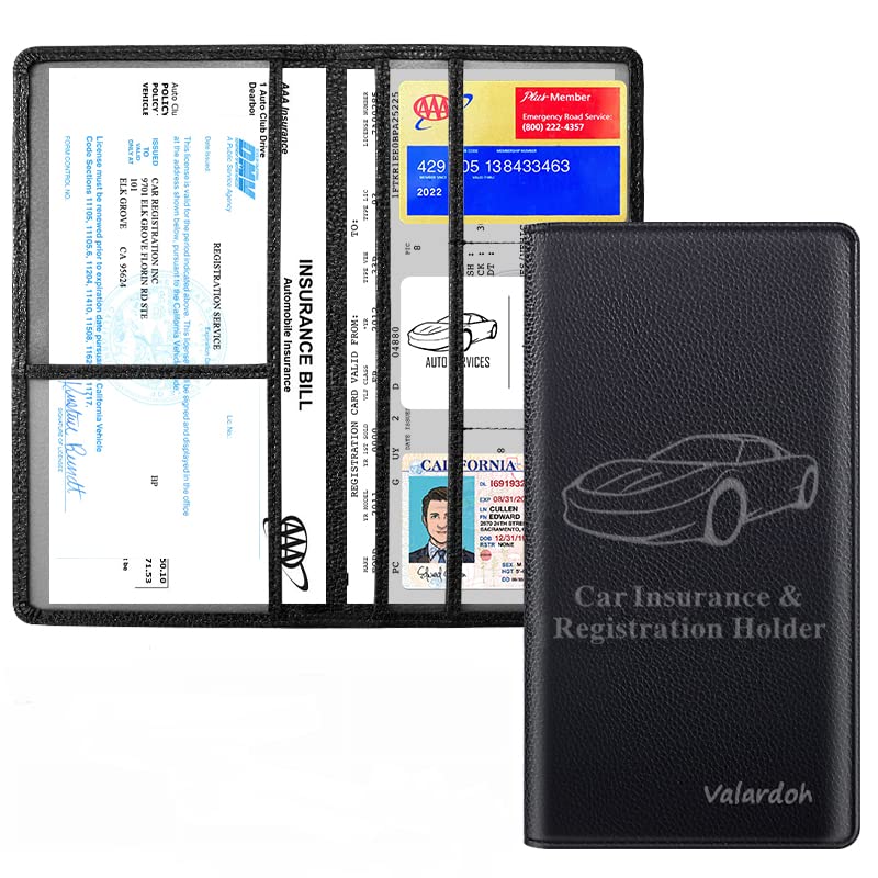 Valardoh Premium Car Registration and Insurance Card Holder, Car Document Holder for Cards, Driver License & other Essential Documents (Black) - color: Black