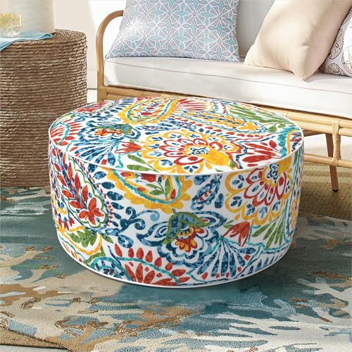 DYTXIII Inflatable Ottoman Stool D21 xH9 for Outdoor/Indoor Use, Water Repellent Patio Foot Rest Stool with Portable Handle,Round Pouf Ottoman Suitable for Garden,Deck and Camping - Paisley Multi - color: Paisley Multi, size: 21"D x 21"W x 9"H