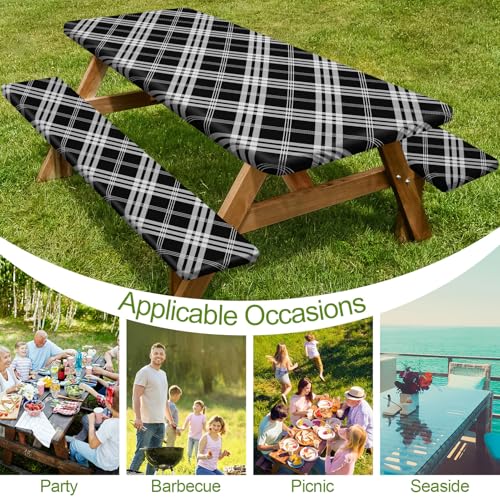 Picnic Table Cover with Bench Covers 6FT 3 Pcs Waterproof Windproof Aesthetic Camping Tablecloth with Drawstring Bag, Fitted for 6 Foot Rectangle Tables and Seats, 72 inch, Black Grey Checkered - color: Black Grey Checkered