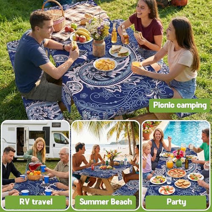 Picnic Table Cover with Bench Covers Waterproof Elastic Rectangle Reusable Folding Tablecloth Manteles Mantelería Camping Essentials Rv Car Travel Supplies Table Cloth Outdoor Road Trip Camper Gifts - color: Blue Paisley, size: 96in