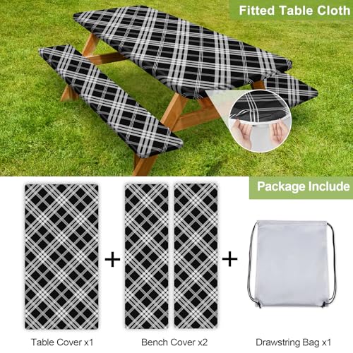 Picnic Table Cover with Bench Covers 6FT 3 Pcs Waterproof Windproof Aesthetic Camping Tablecloth with Drawstring Bag, Fitted for 6 Foot Rectangle Tables and Seats, 72 inch, Black Grey Checkered - color: Black Grey Checkered