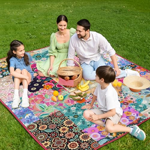 Supfitness Extra Large Picnic Blankets Waterproof Foldable (60 "x 80") Beach Blanket Waterproof Sandproof,3-Layer Thicking Mat Outdoor Packable Camping Blanket - color: Flower, size: 60x80in