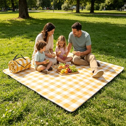 Extra Large Picnic Blanket for 6-8 Adults, Waterproof Windproof 3-Layer Outdoor Mat, Sandproof Beach Blanket Foldable Portable for Camping Park Patio Grass Travel (Yellow) - color: Yellow