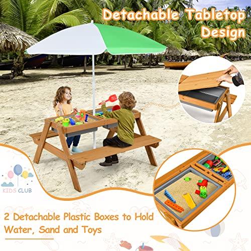 HONEY JOY Kids Picnic Table, 4 in 1 Cedar Wooden Sand & Water Table w/ 2 Removable Box & Umbrella, Kids Picnic Tables for Outdoors Backyard Garden, Toddler Patio Furniture Set for Boys Girls(Natural) - color: Natural