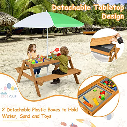 HONEY JOY Kids Picnic Table, 4 in 1 Cedar Wooden Sand & Water Table w/ 2 Removable Box & Umbrella, Kids Picnic Tables for Outdoors Backyard Garden, Toddler Patio Furniture Set for Boys Girls(Natural) - color: Natural