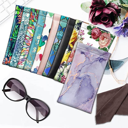[2 Pack] Fintie Eyeglasses Pouch with Cleaning Cloth, Portable Squeeze Top Leather Glasses Case Sunglasses Bag, Glittering Marble + Lilac Marble - color: Glittering Marble + Lilac Marble