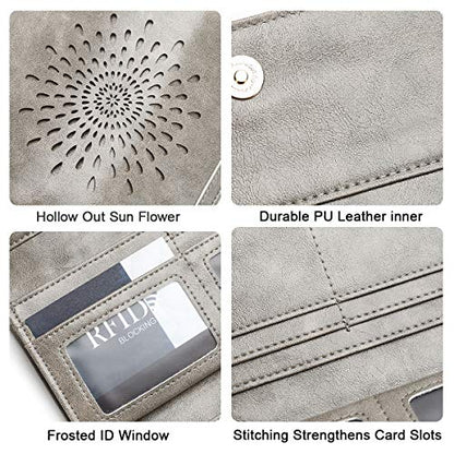 APHISON Womens Wallets RFID Blocking Leather Clutch Long Wallet for Women Card Holder Phone Organizer Ladies Travel Purse Hollow Out Sunflower Design Gift - color: Gray