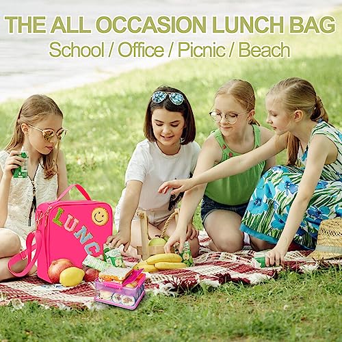 Insulated Lunch Bag With Adjustable Shoulder Strap, Nylon Preppy Lunch Box Large Insulated Lunch Bag Reusable Lunch Tote Bag with Smiley Preppy LunchBag for Girls School Travel Picnic (Rosy Red) - color: Rosy Red