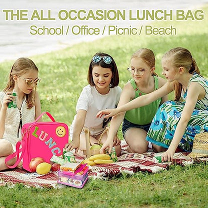 Insulated Lunch Bag With Adjustable Shoulder Strap, Nylon Preppy Lunch Box Large Insulated Lunch Bag Reusable Lunch Tote Bag with Smiley Preppy LunchBag for Girls School Travel Picnic (Rosy Red) - color: Rosy Red