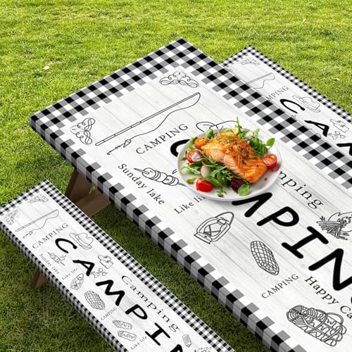 Picnic Table Cover with Bench Covers Elastic Edges, Farm Plaid Fitted Table Cover, Outdoor Patio Camping Essentials 96 Inch 3PCS, Waterproof Camping Fitted Tablecloth with Drawstring Bag - color: Plaid, size: 96in