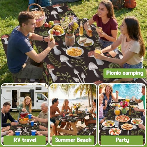 Picnic Table Cover with Bench Covers Waterproof Elastic Rectangle Furniture Fitted Table Cloth Tablecloth Glamping Camp Camper Camping Essentials Outdoor Road Trip Rv Car Travel Vacation Canping Gear - color: Black Green Mushrooms, size: 72in