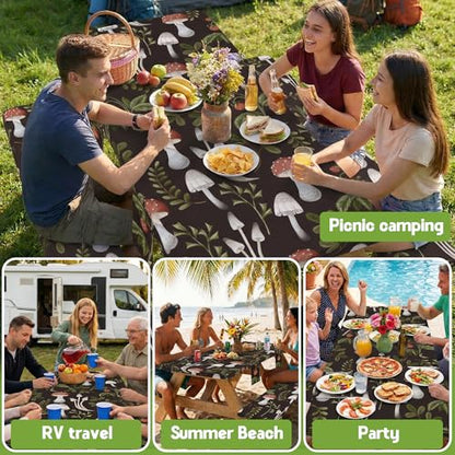 Picnic Table Cover with Bench Covers Waterproof Elastic Rectangle Furniture Fitted Table Cloth Tablecloth Glamping Camp Camper Camping Essentials Outdoor Road Trip Rv Car Travel Vacation Canping Gear - color: Black Green Mushrooms, size: 72in
