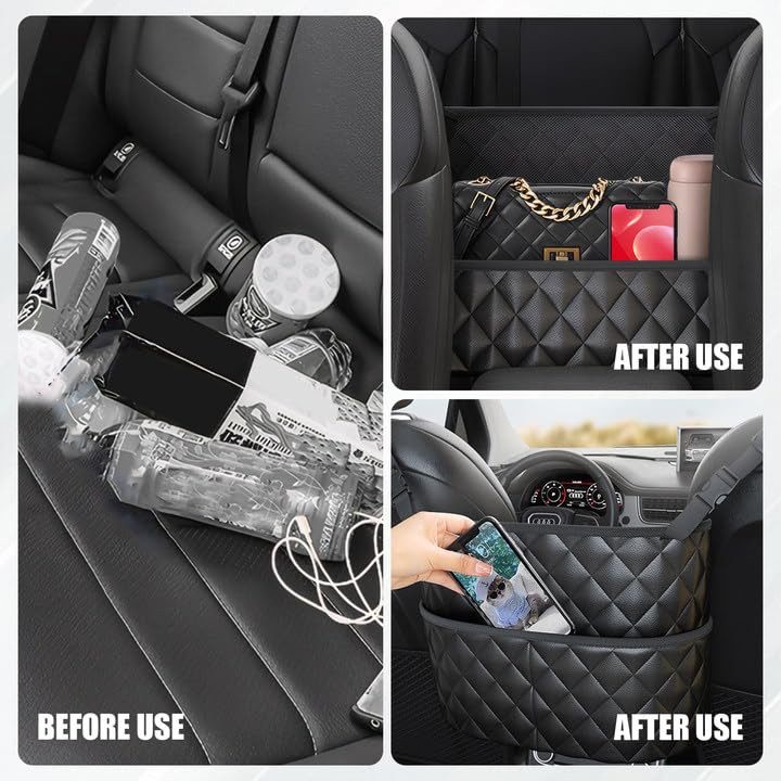braxan Car Purse Holder Between Seats, Large Capacity Purse Holder for Car, Storage Bag for Backseat Pet Kid Barrier, Universal for SUV, Truck, RV (Black)