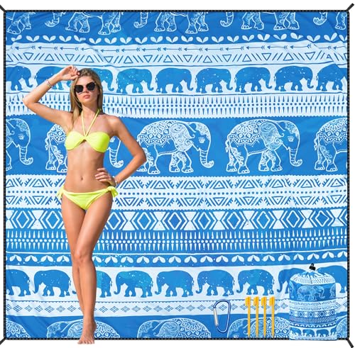 HIHOHO Beach Blanket Waterproof Sandproof Beach Mat for 1-8 Adults Quick Drying Durable Outdoor Picnic Mat for Beach Festival Travel Camping Hiking (Elephant-GC BL, 79"×83"(4 Person)) - color: Elephant-gc Bl, size: 6'11" x 6'7"