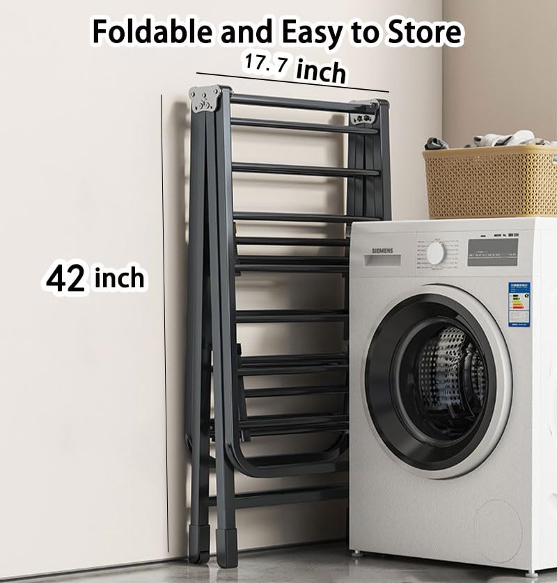 Mimiblack Clothes Drying Rack Foldable, 3-Level Large Clothes Airer Drying Rack, Heavy Duty Metal Laundry Dryer Stand with Wheels for Clothing & Bedding, Indoor & Outdoor Use, 70.8" L×17.7" W, Gray