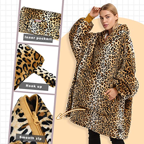 Catalonia Oversized Blanket Hoodie Sweatshirt, Wearable Sherpa Blanket Pullover, Gift for Her - color: Cheetah