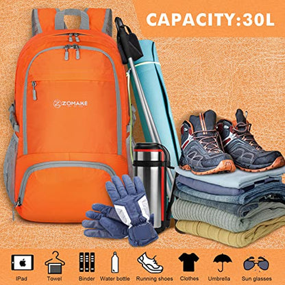 ZOMAKE Lightweight Packable Backpack 30L, Foldable Hiking Backpacks Water Resistant Compact Folding Daypack for Travel(Orange) - color: Orange