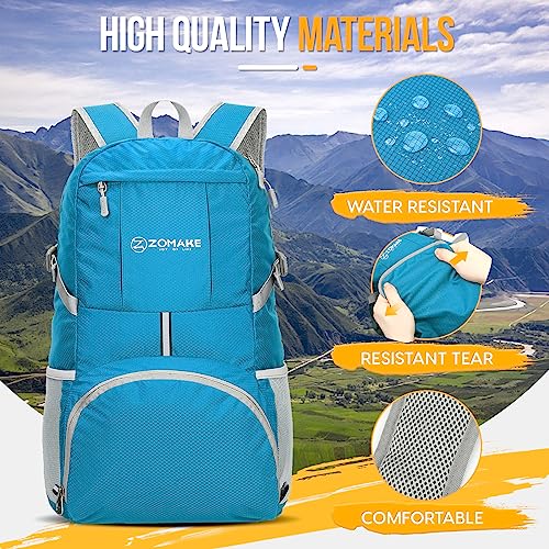 ZOMAKE Lightweight Packable Backpack 35L, Light Foldable Backpacks Water Resistant Collapsible Hiking Bag, Compact Folding Day Pack for Travel Camping(Light Blue) - color: Light Blue
