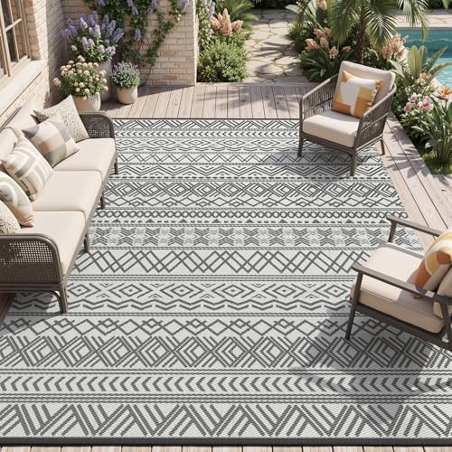 MontVoo Outdoor Rug Carpet Waterproof 10x14 Outdoor Patio Rug Mat Reverisble Plastic Straw Outdoor Rugs for RV Camping Picnic Beach Balcony Boho Grey Large - color: Grey, size: 10' x 14' (Rectangular)