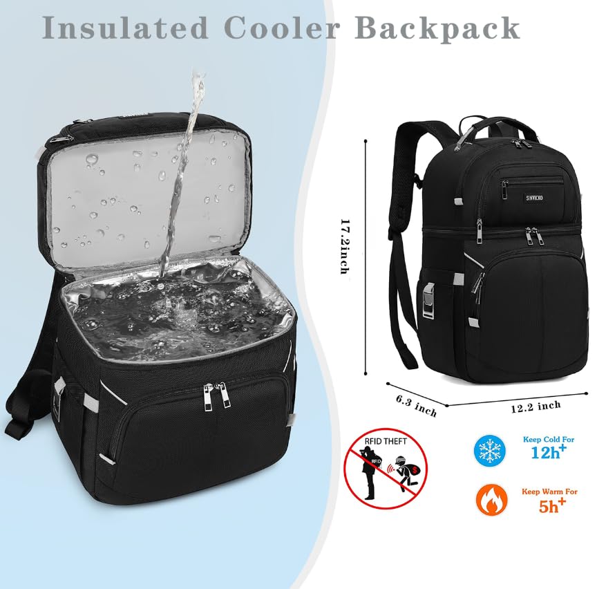 Insulated Cooler Backpack,Double Deck Leakproof Cooler Bag,Insulated Backpack Cooler Lunch Backpack for Men Women - color: Grey+Black