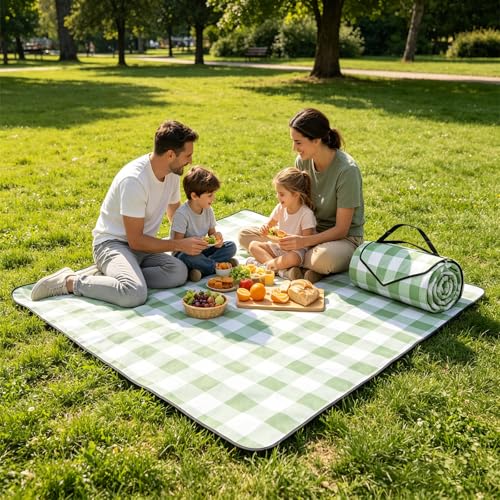 Extra Large Picnic Blanket for 6-8 Adults, Waterproof Windproof 3-Layer Outdoor Mat, Sandproof Beach Blanket Foldable Portable for Camping Park Patio Grass Travel (Green) - color: Green