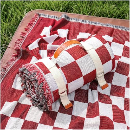 2 in 1 Extra Large Outdoor Rug Picnic Blanket Camping Mat Lightweight Oversized Giant Turkish Boho Beach Mexican Serape Cobijas Mexicanas para Mesa Park Stadium Outside Festival Grass Hammock - color: Checkered Red