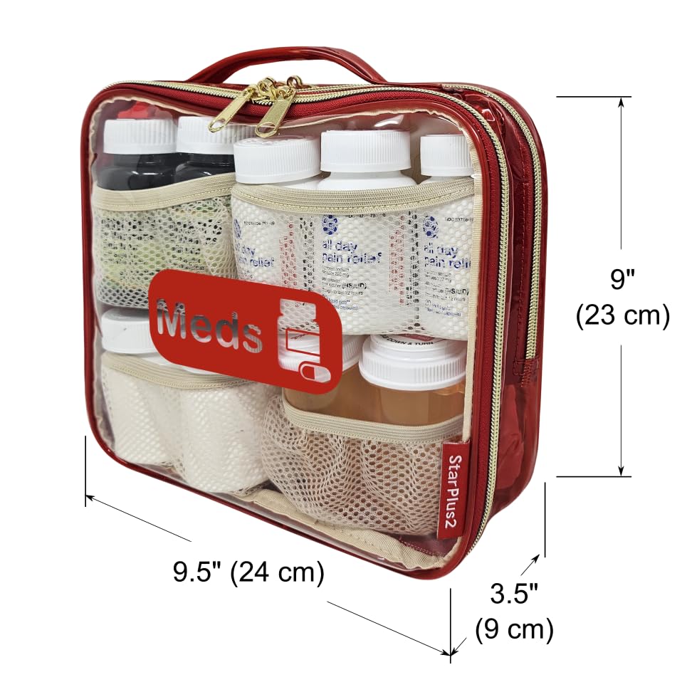 Medium Travel Pill Bottle Organizer, Clear Medicine Bag, 2 Zipper Compartments with Divider and Mesh Pockets, Easy View of Medications, Medical Supplies, and Toiletries, PVC - Red - color: - Pvc Red, size: M (Pack of 1)