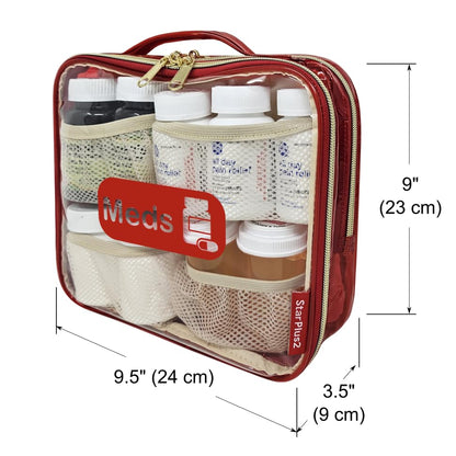 Medium Travel Pill Bottle Organizer, Clear Medicine Bag, 2 Zipper Compartments with Divider and Mesh Pockets, Easy View of Medications, Medical Supplies, and Toiletries, PVC - Red - color: - Pvc Red, size: M (Pack of 1)