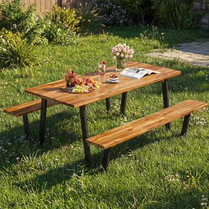 Giantex 71" Picnic Table Bench Set for 6-8, Acacia Wood Outdoor Dining Table Set, 2" Umbrella Hole, Heavy Duty Metal Frame, Footrest Bar, Large Rectangular Tabletop for Porch Patio Lawn Garden - size: 71"x30"x30"