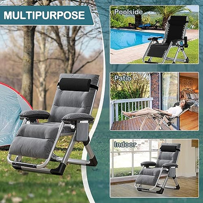 NAIZEA Padded Zero Gravity Chair, Folding Outdoor Lounge Chairs, Adjustable Reclining Camping Chairs with Cup Holder, Ergonomic Patio Lawn Chair for Balcony Beach Deck Yard - color: Dark Gray, style: Zero Gravity Chair 2 Pack