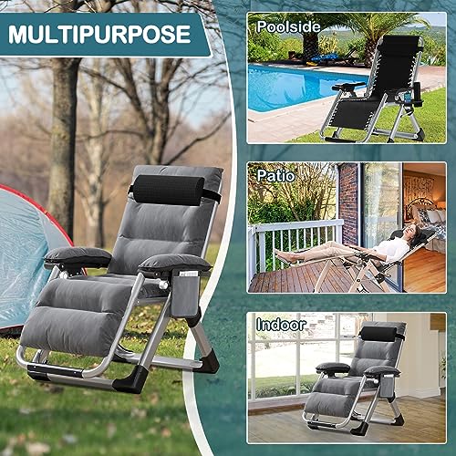 NAIZEA Padded Zero Gravity Chair, Folding Outdoor Lounge Chairs, Adjustable Reclining Camping Chairs with Cup Holder, Ergonomic Patio Lawn Chair for Balcony Beach Deck Yard - color: Dark Gray, style: Zero Gravity Chair