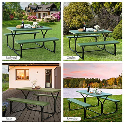 Giantex Picnic Table Bench Set Outdoor Camping All Weather Metal Base Yard Pool Dining Party Garden Patio Lawn Deck Large Camping Table (Green) - color: Green