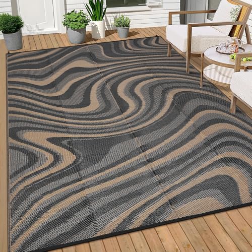 Garvee 9x12 Outdoor Rug, Waterproof Camping Rugs for Outside Your RV, Abstract Plastic Straw Rug with Portable Bag, Reversible UV Resistant Mats for Picnic Backyard Porch Beach, Black Coffee - color: Modern|black Coffee, size: 9' x 12' (Rectangular)