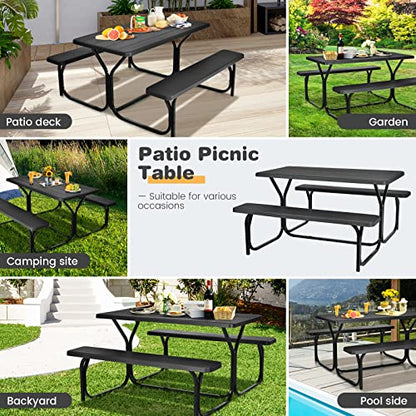 COSTWAY Outdoor Picnic Table, HDPE Plastic Picnic Table Bench Set with Weather Resistant Tabletop & Wood Texture, Ideal for Patio, Backyard (59" D x 54" W x 28.5" H,Black) - color: Black
