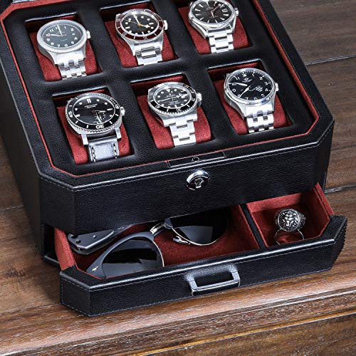 ROTHWELL Gift Set 6 Slot Leather Watch Box and 2 Watch Travel Case - Luxury Case Organizer, Microsuede Liner, Locking Mens Jewelry Watches Holder, Storage Boxes Glass Top (Black/Red Gift Set) - color: 6 Slot - Black/Red Gift Set