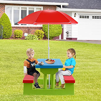 ARMILE Kids Picnic Table, Kids indoor & Outdoor Table and Bench set with Removable & Foldable Umbrella, Portable Toddler Plastic Picnic Table for Patio, Backyard, Ideal Gift for Boys Girls(Red)