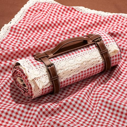 VitalCozy Waterproof Picnic Blankets 59 x 78in Outdoor Blanket Foldable 2 in 1 Double Layer Sandproof Beach Mat with Carry Strap for Camping Lawn Park Beach Grass(Red White) - color: Red White