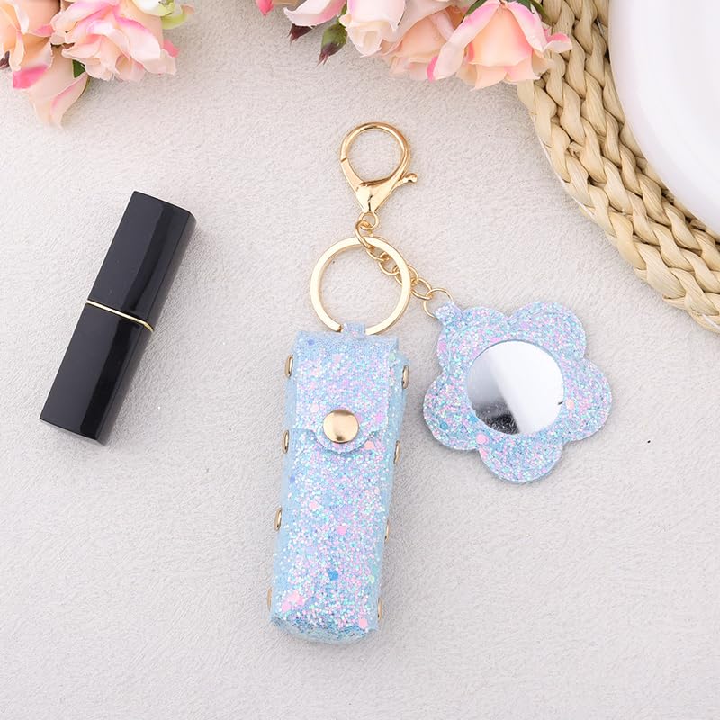 Sisadodo Glitter Lip Oil Holder Key Chains for Woman Lipstick Case with Mirror Lip Balm Keychain for Lipstick Case Keychain - color: Blue-flower