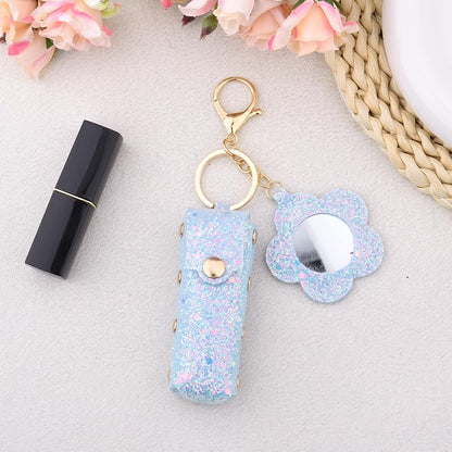Sisadodo Glitter Lip Oil Holder Key Chains for Woman Lipstick Case with Mirror Lip Balm Keychain for Lipstick Case Keychain - color: Blue-flower
