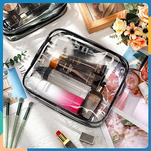 12 Pieces Clear Makeup Bags, TSA Approved Toiletry Bag for Travel, PVC Transparent Cosmetic Pouch with Zipper, Waterproof Vinyl Plastic Organizer Case for Vacation Bathroom (Medium) - color: 12 Medium Black