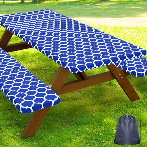 Smiry Picnic Table Cover with Bench Covers, Waterproof Elastic Fitted Tablecloth for 5 Foot Tables, Washable Polyester Tablecloths for Camping, Indoor & Outdoor (Blue, 30x60 Inch 3-pc Set) - color: Blue, size: 30"x60"