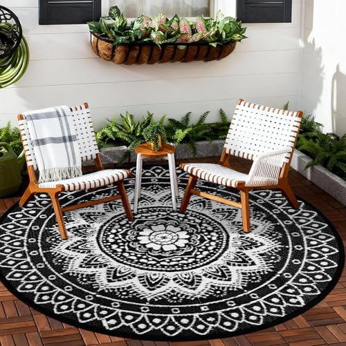 Round Outdoor Rugs for Patios, 6Ft Waterproof Reversible Plastic Straw Mat with Carry Bags, Boho Lightweight Outdoor Carpet Portable Round Floor Mat for Patio Camping Picnic Backyard RV,Black & White - color: Black & White, size: 6' (Round)