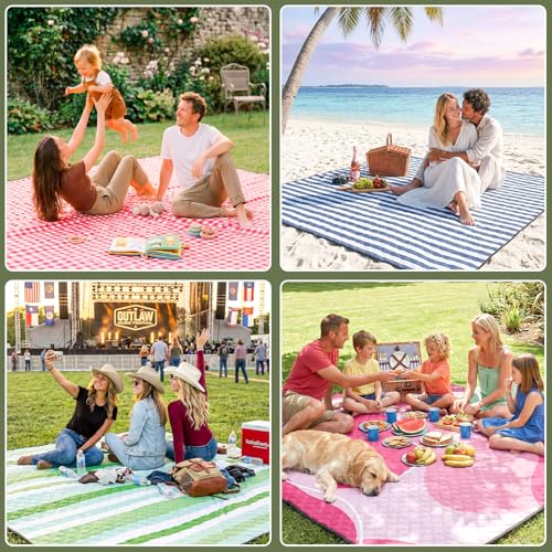 Genovega Waterproof Picnic Blanket Beach Outdoor Camping Mat Rug Extra Large Foldable Cute Big Travel Essential Accessories Gift Park Patio Lawn Garden Grass Play Music Festival Concert Must Have - color: Checkered Green