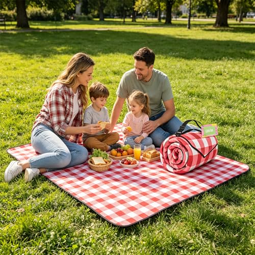 Extra Large Picnic Blanket for 6-8 Adults, Waterproof Windproof 3-Layer Outdoor Mat, Sandproof Beach Blanket Foldable Portable for Camping Park Patio Grass Travel (Red) - color: Red