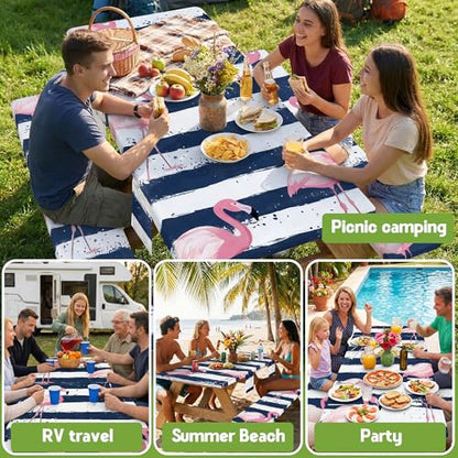 Picnic Table Cover with Bench Covers Elastic Table Cloth Cool Fun Unique Ideas Birthday Christmas Xmas Valentine's Day Camping Gifts for Camper RV Owner Camping Lovers Couple Women Men Mother Father - color: Blue Striped Flamingo, size: 96in