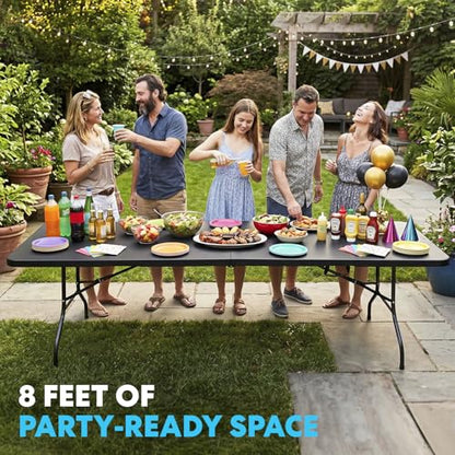 Simpli-Magic 8ft Portable Plastic Folding Table – Indoor & Outdoor Heavy-Duty Foldable Utility Table w/Handle for Party & Camping (Black) - size: 8 feet Table