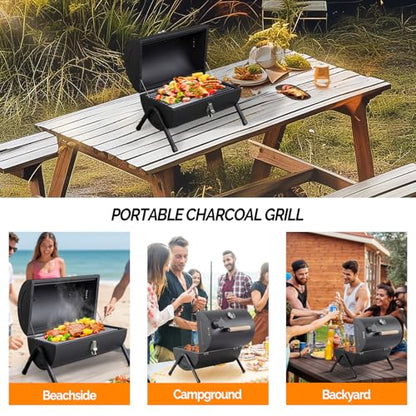 VINGLI Portable Charcoal Grill with Thermometer & Wooden Handle, Multi-functional Metal Compact Tabletop BBQ Outdoor Charcoal Grill for Camping Travel Picnic Patio - style: One-Side